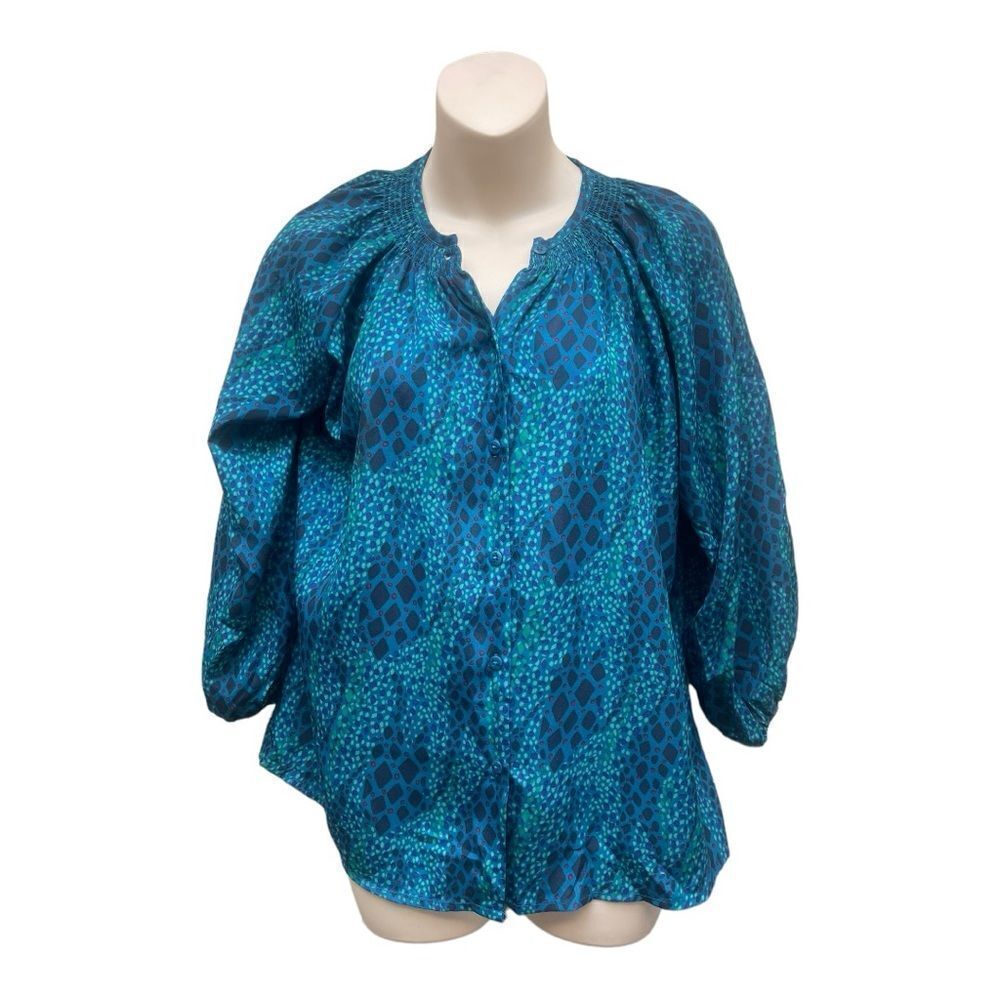 Tucker for Target Teal Blue Mix Print Blouse Sz S Office Casual EUC Lightweight